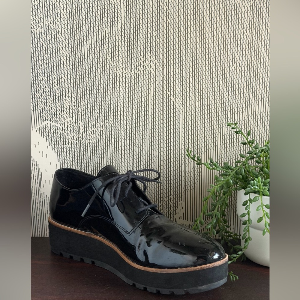 Eileen Fisher Eddy Derby Black Patent Platform Lace up Oxford Shoe ~ Size 7.5 - Picture 2 of 15